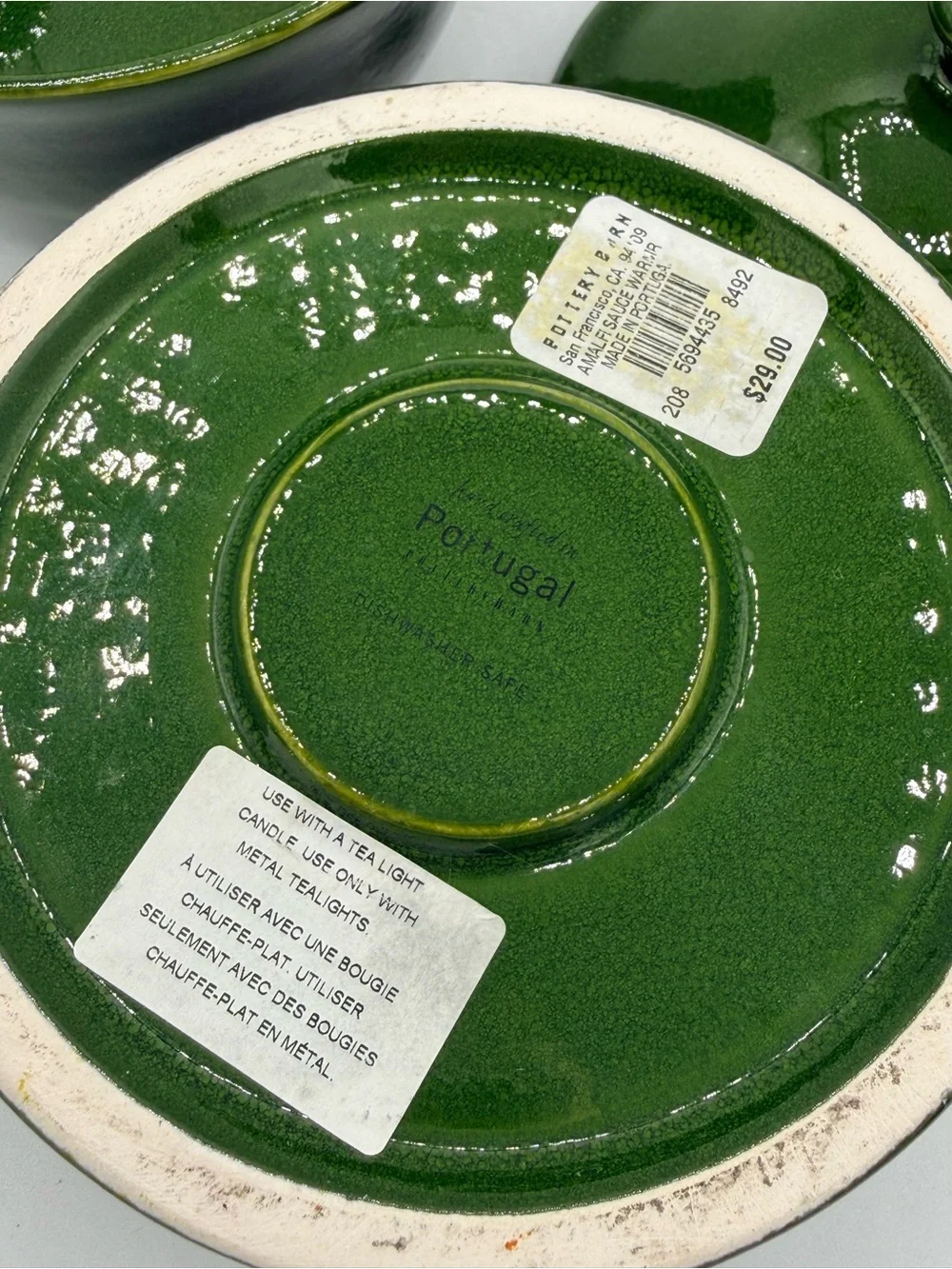 Vintage Pottery Barn Sausalito Green Stoneware Butter Warmer Set Portugal